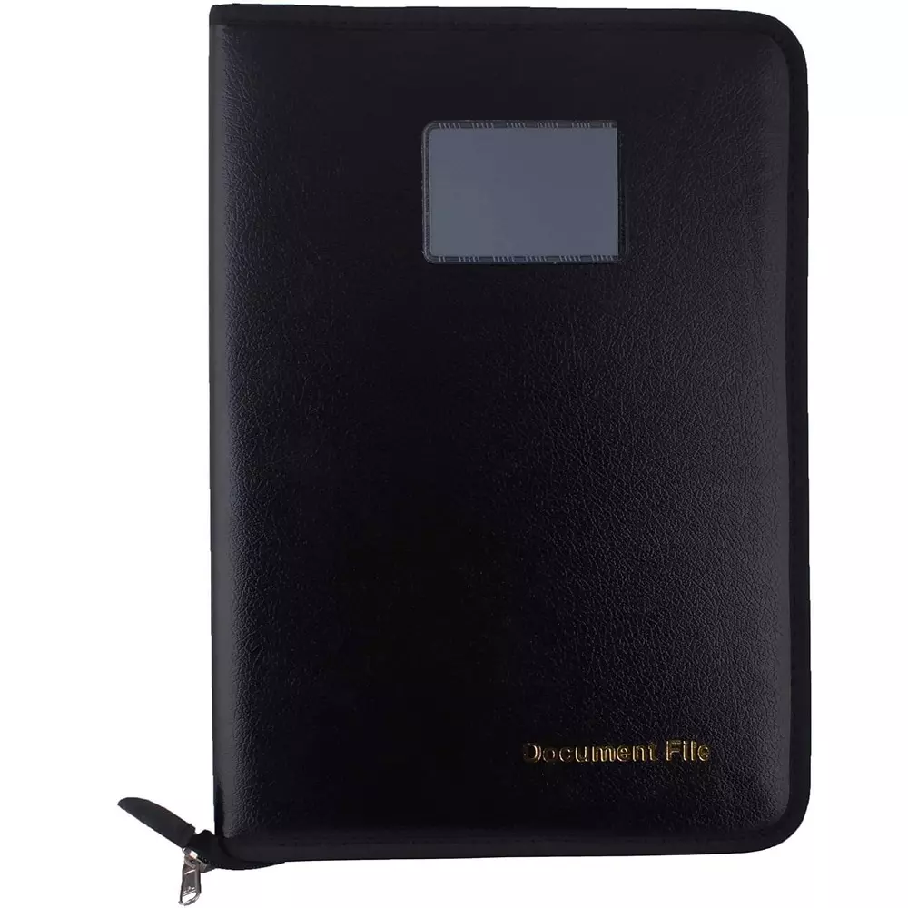 K J Premium PU Leather File Folder Chain Close A4 & FC Size Documents Black Colour