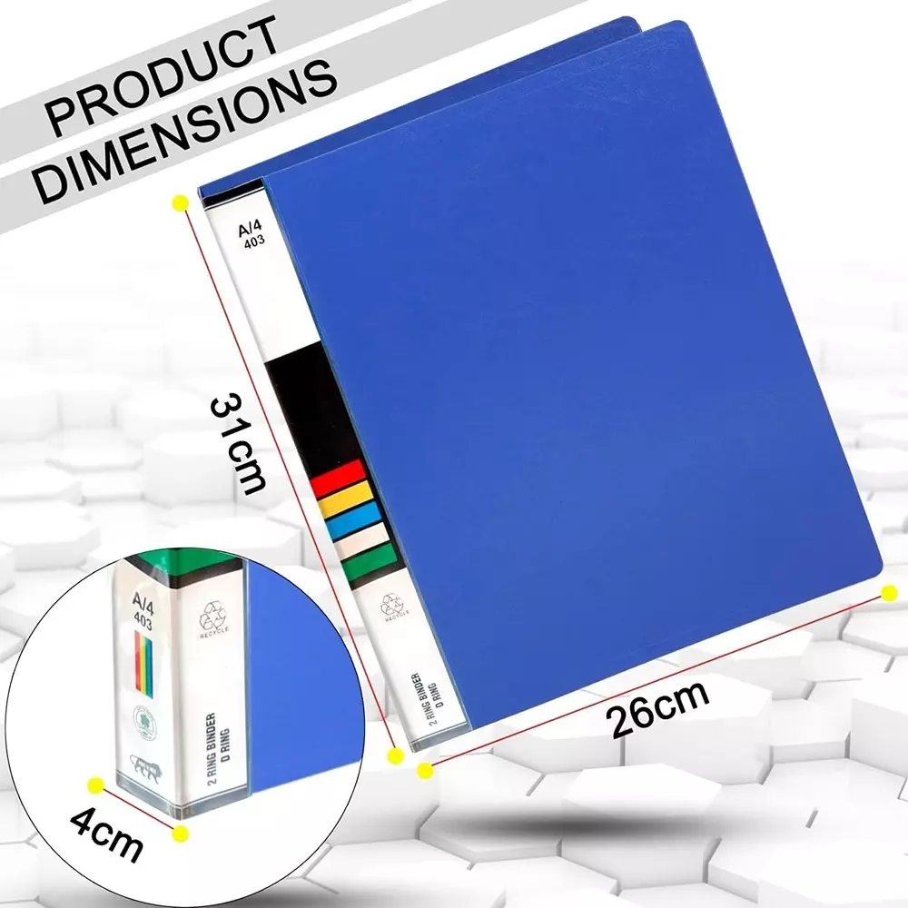 K J 2D Ring Binder Folder File A4 Size Durable Polyethylene Holds Upto 250 Sheets Blue (Pack of 4)