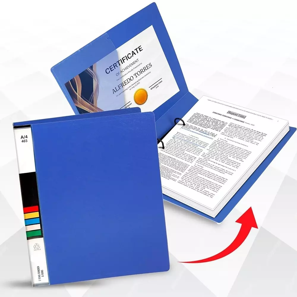 K J 2D Ring Binder Folder File A4 Size Durable Polyethylene Holds Upto 250 Sheets Blue (Pack of 4)