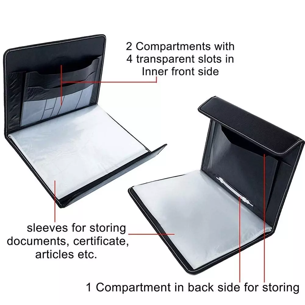 K J Premium PU Leather File Folder Button Close A4 & FC Size Documents Black Colour With 40 Sleeves