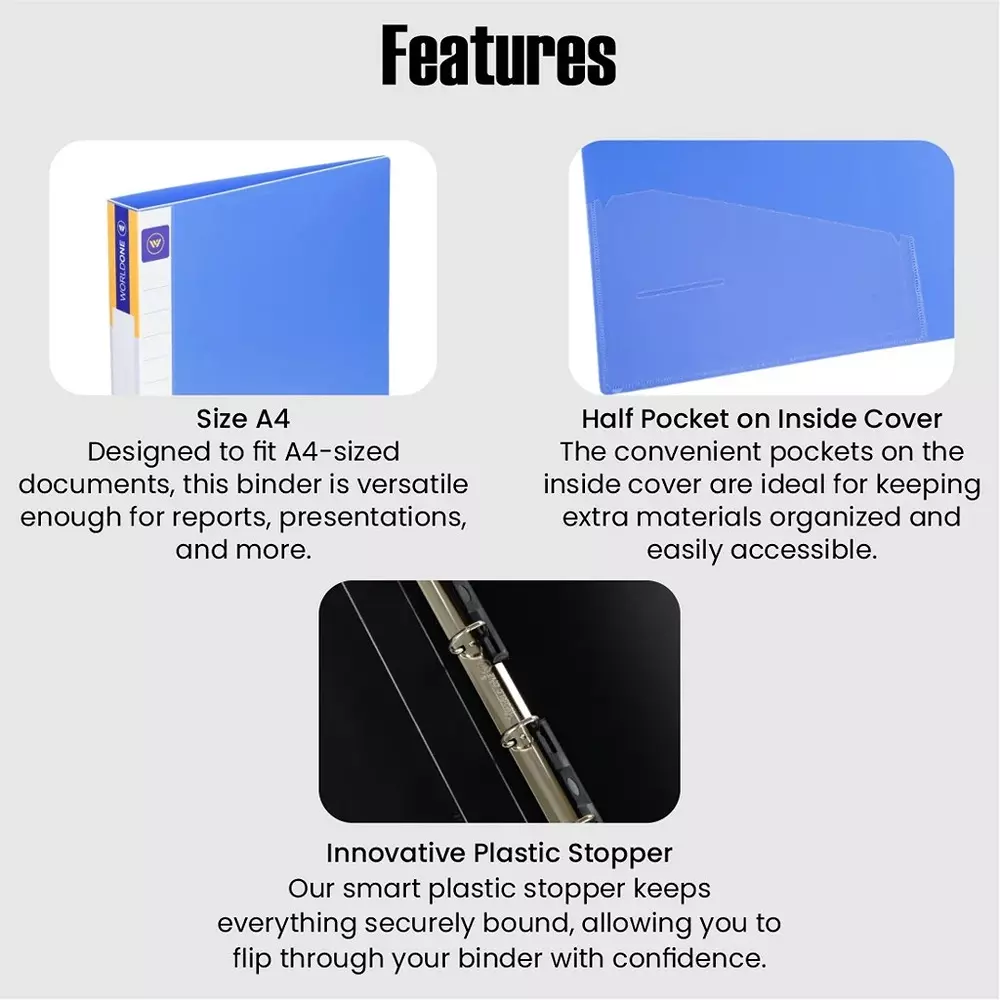 Worldone A4 Size 1.2 mm Thick PP Sheet 3D Ring Binder for Keeping Documents (Assorted), RB402