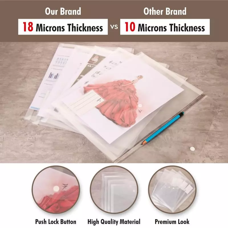 POLEN Folder File 18 Microns Poly Plastic Fullscape Snap Button Transparent, P109 (Pack of 12)