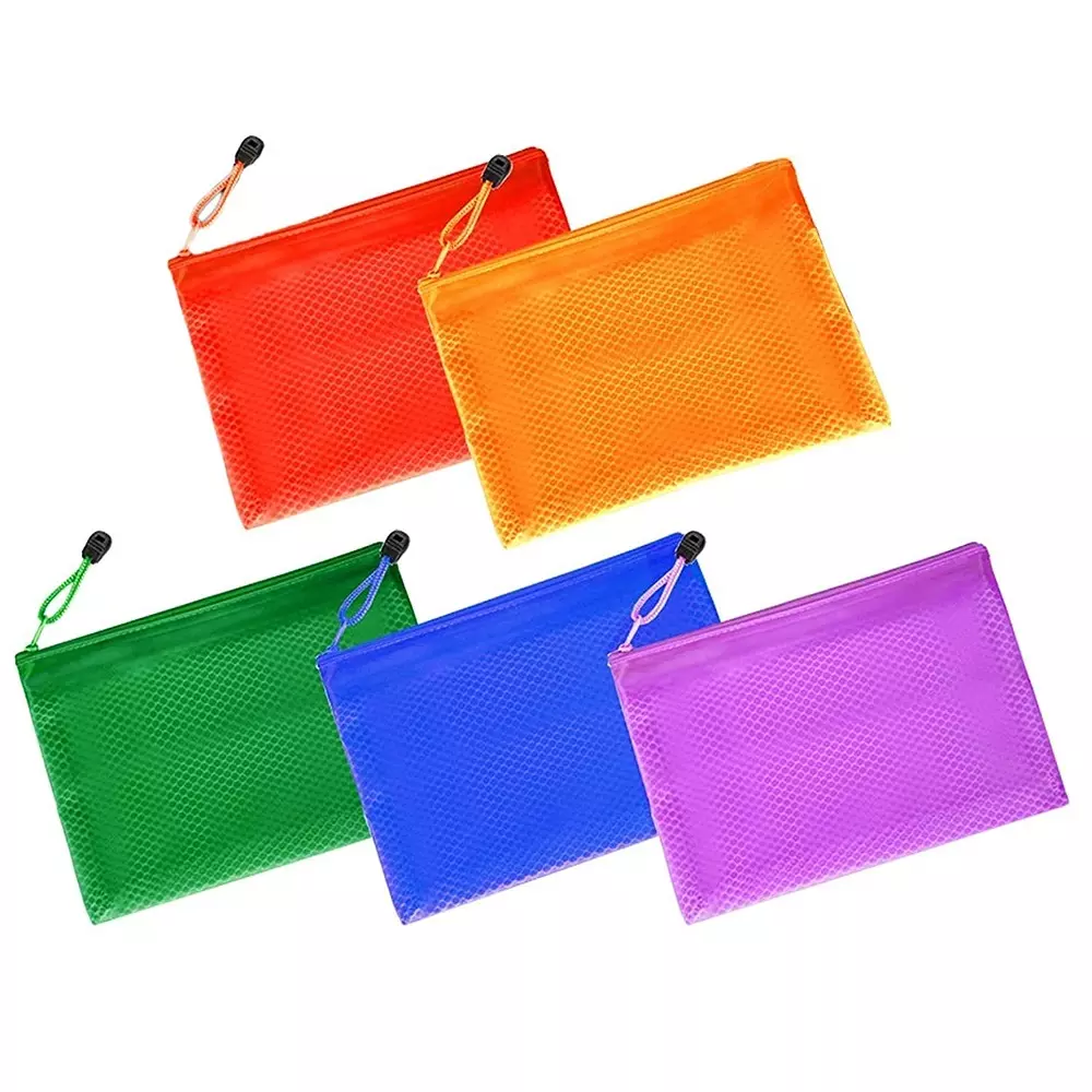 K J Zipper Mesh Pouch/Documents Holder/Bags A5 Size Multicolor Waterproof (Set of 5)