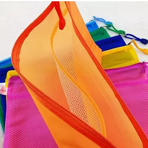 K J Zipper Mesh Pouch/Documents Holder/Bags A5 Size Multicolor Waterproof (Set of 5)