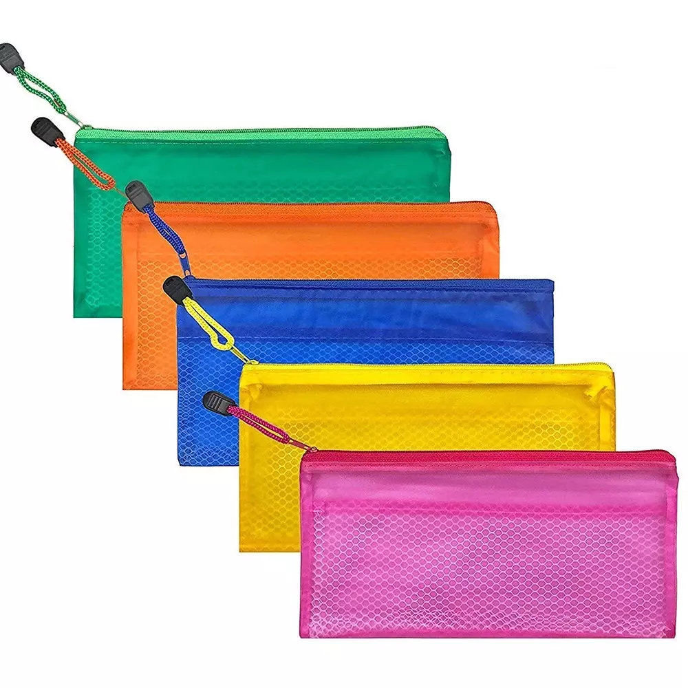 K J Zipper Mesh Pouch/Documents Holder/Bags A6 Size Multicolor Waterproof (Set of 5)