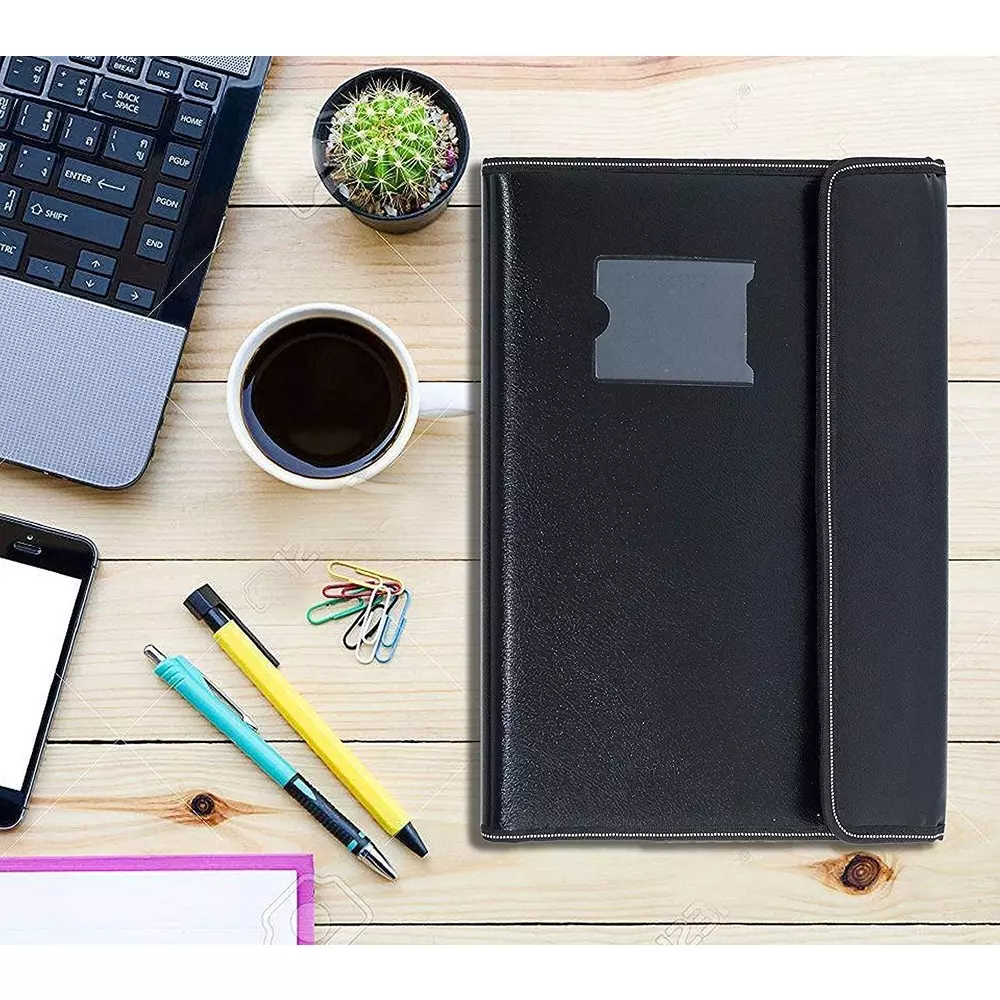 K J Premium PU Leather File Folder Button Close A4 & FC Size Documents Black Colour With 10 Sleeves