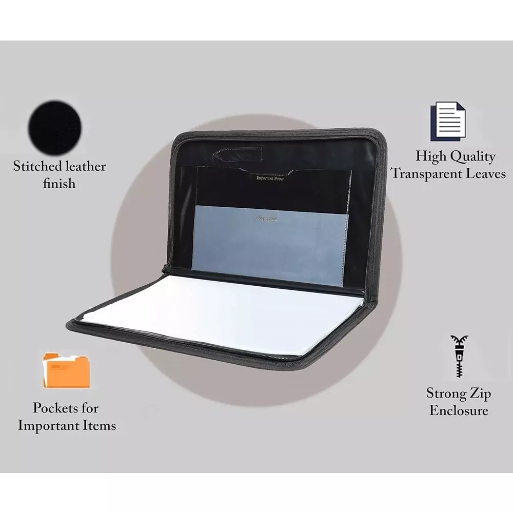 K J Premium PU Leather File Folder Chain Close A4 & FC Size Documents Black Colour With 30 Sleeves