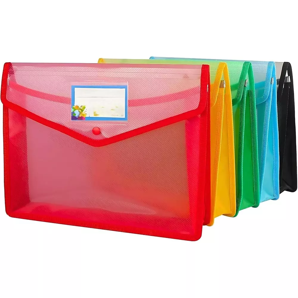 K J Transparent File Folder Poly-Plastic Foolscap Documents File Storage Bag With Snap Button Multicolor (Set of 5)