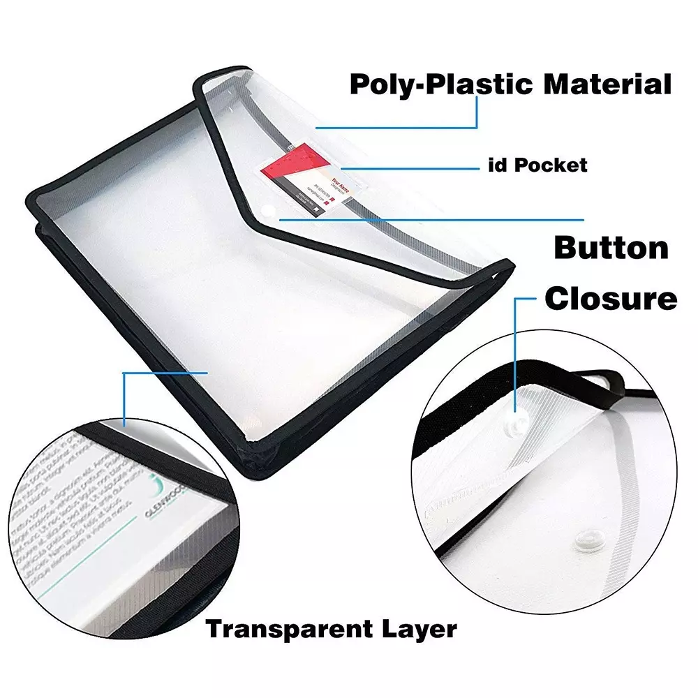 K J Transparent File Folder Poly-Plastic Foolscap Documents File Storage Bag With Snap Button Multicolor (Set of 5)
