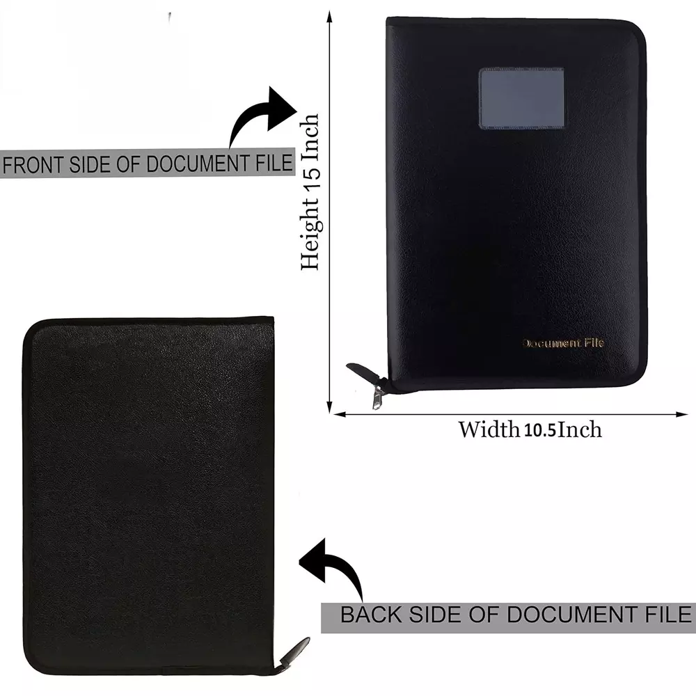 K J Premium PU Leather File Folder Chain Close A4 & FC Size Documents Black Colour With 40 Sleeves