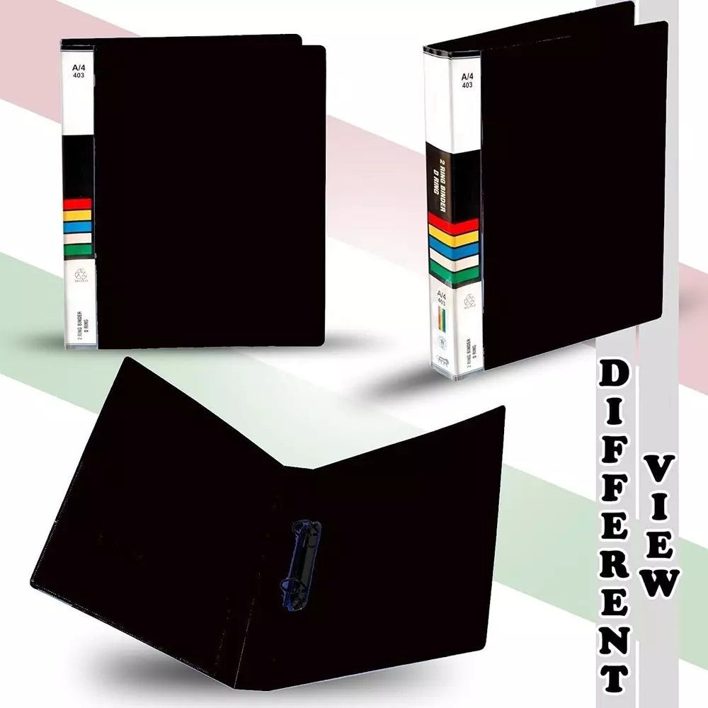 K J 2D Ring Binder Folder File A4 Size Durable Polyethylene Holds Upto 250 Sheets Black (Pack of 4)