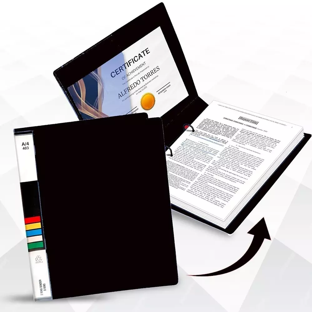 K J 2D Ring Binder Folder File A4 Size Durable Polyethylene Holds Upto 250 Sheets Black (Pack of 4)