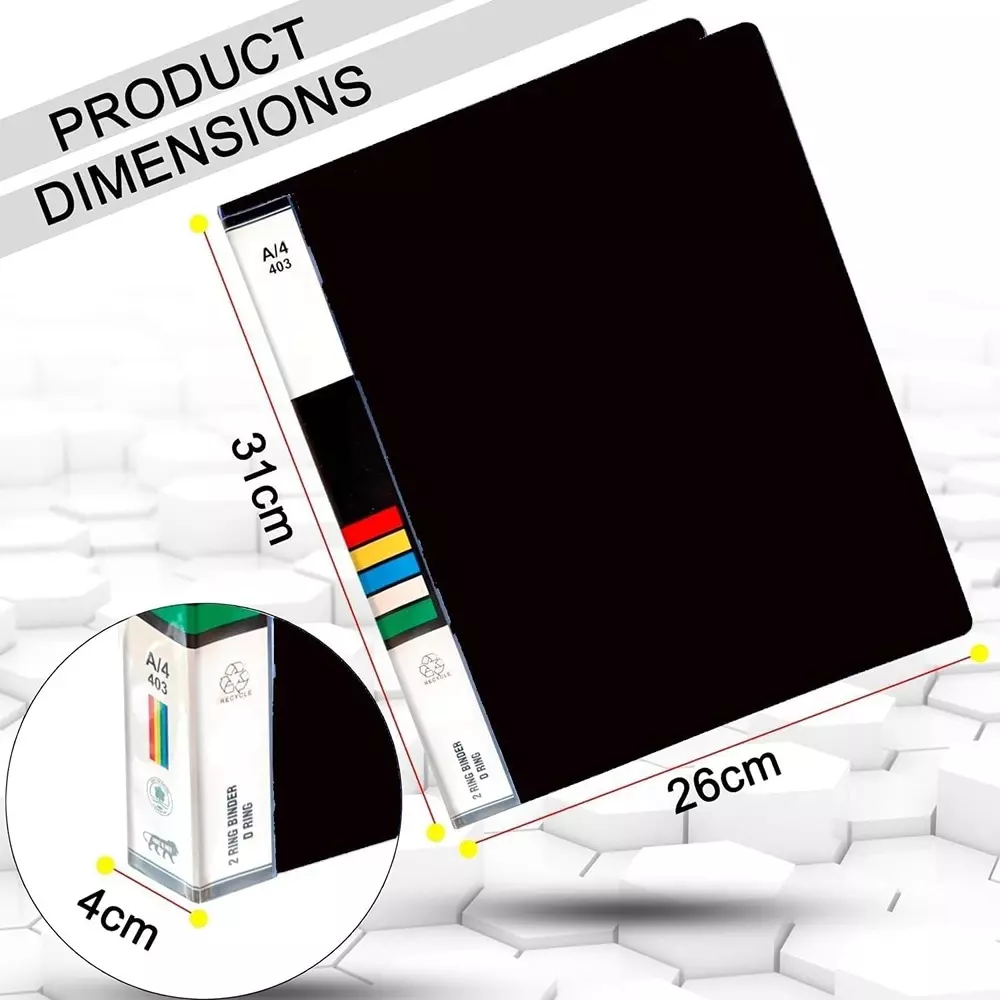 K J 2D Ring Binder Folder File A4 Size Durable Polyethylene Holds Upto 250 Sheets Black (Pack of 4)