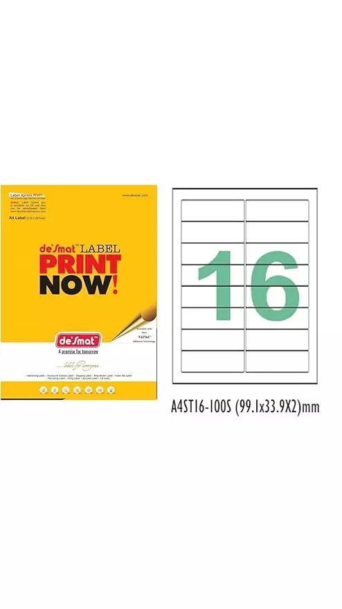 Desmat A4 Paper Labels Sticker for Laser, Inkjet and Copiers 16 Label (100 Sheet Pack)