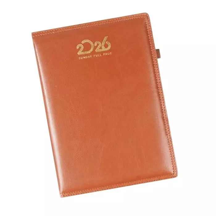 GENERIC Soft Bound Foam Diary Tan PU Leather Cover "2026 Sunday Full Page" Theme, V 206