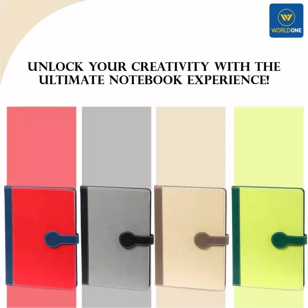 Worldone Pu Leather Finish Card Board Bound Cover Notebook With Button Magnetic Loop Size A5 Assorted Color, WPP1429