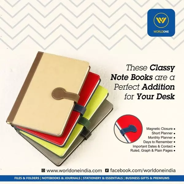 Worldone Pu Leather Finish Card Board Bound Cover Notebook With Button Magnetic Loop Size A5 Assorted Color, WPP1429
