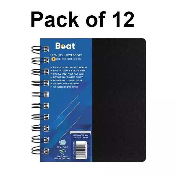 Boat by Ban Single Subject Wiro Notebook 160 Pages, 70 GSM A4, FG000573 (Pack of 12)