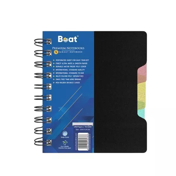 Boat by Ban 4 Subject Wiro Notebook 240 Pages, 70 GSM A6, FG000569 (Pack of 50)