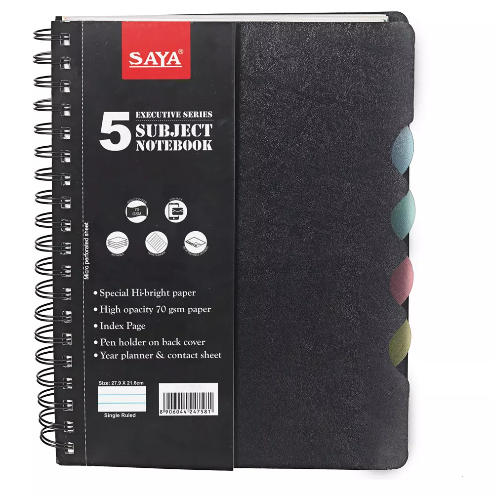 Saya 5 Subject Premium Wiro Notebook Multicolor 300 Pages Plain 70 GSM Paper A5 Size for Office & Collage Use, SY-1103