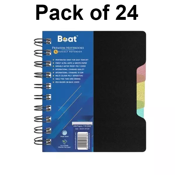 Boat by Ban 4 Subject Wiro Notebook 240 Pages, 70 GSM A6, FG000569 (Pack of 24)