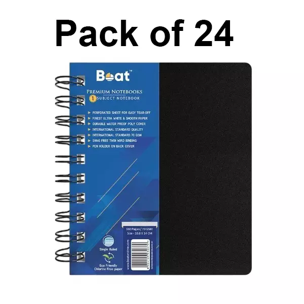 Boat by Ban Single Subject Wiro Notebook 160 Pages, 70 GSM A4, FG000573 (Pack of 24)