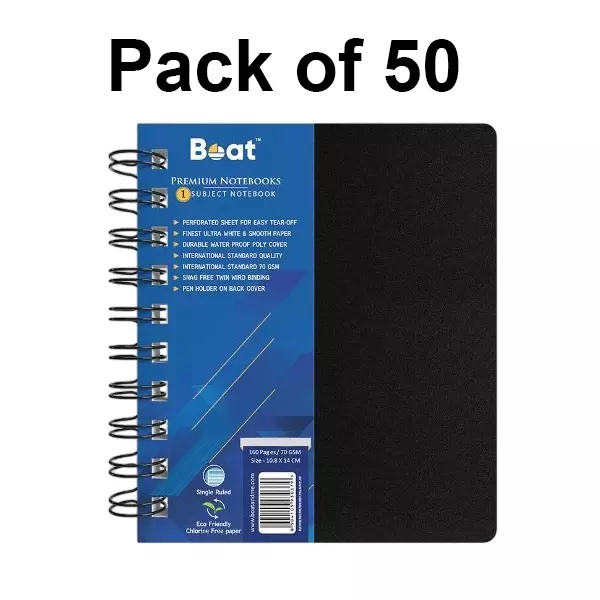 Boat by Ban Single Subject Wiro Notebook 160 Pages, 70 GSM A4, FG000573 (Pack of 50)