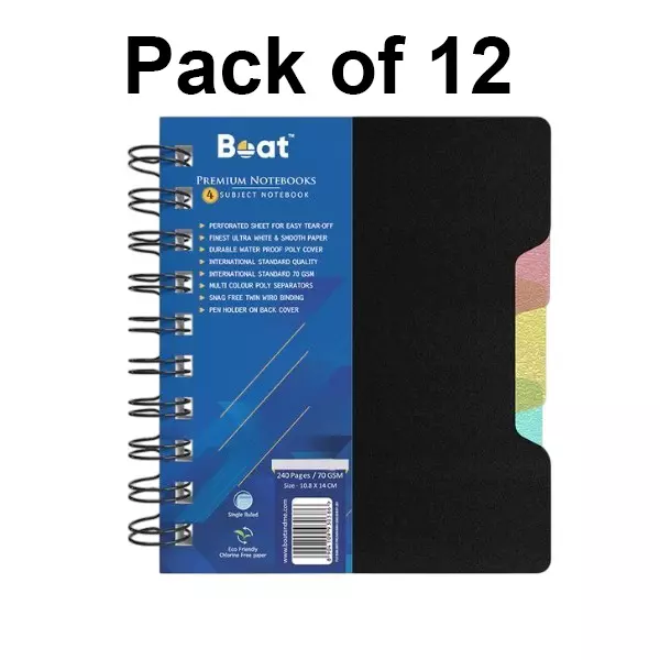 Boat by Ban 4 Subject Wiro Notebook 240 Pages, 70 GSM A6, FG000569 (Pack of 12)
