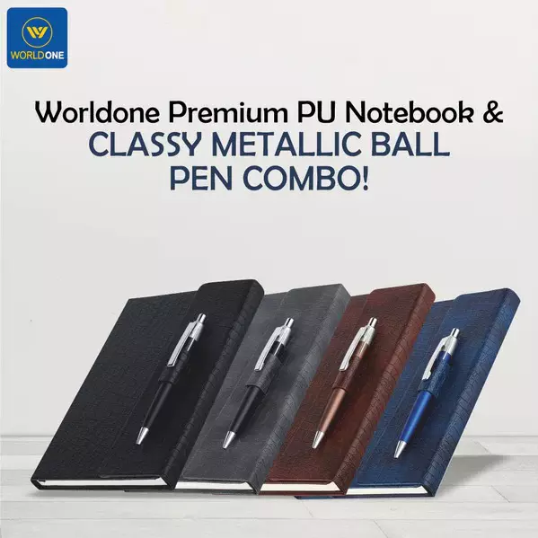 Worldone Pu Premium Notebook & Classy Metallic Ball Pen In Pen Loop Closure Size A5 Assorted Color, WPP1435