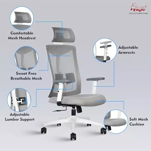 Rose Henley Ergonomic Office Chair ‎High Back White & Grey India