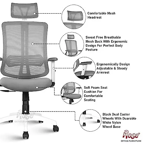 Rose Wave Ergonomic Office Chair ‎High Back White & Grey India