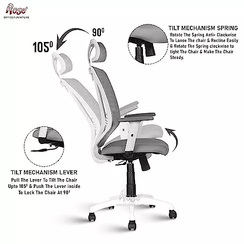 Rose Wave Ergonomic Office Chair ‎High Back White & Grey India