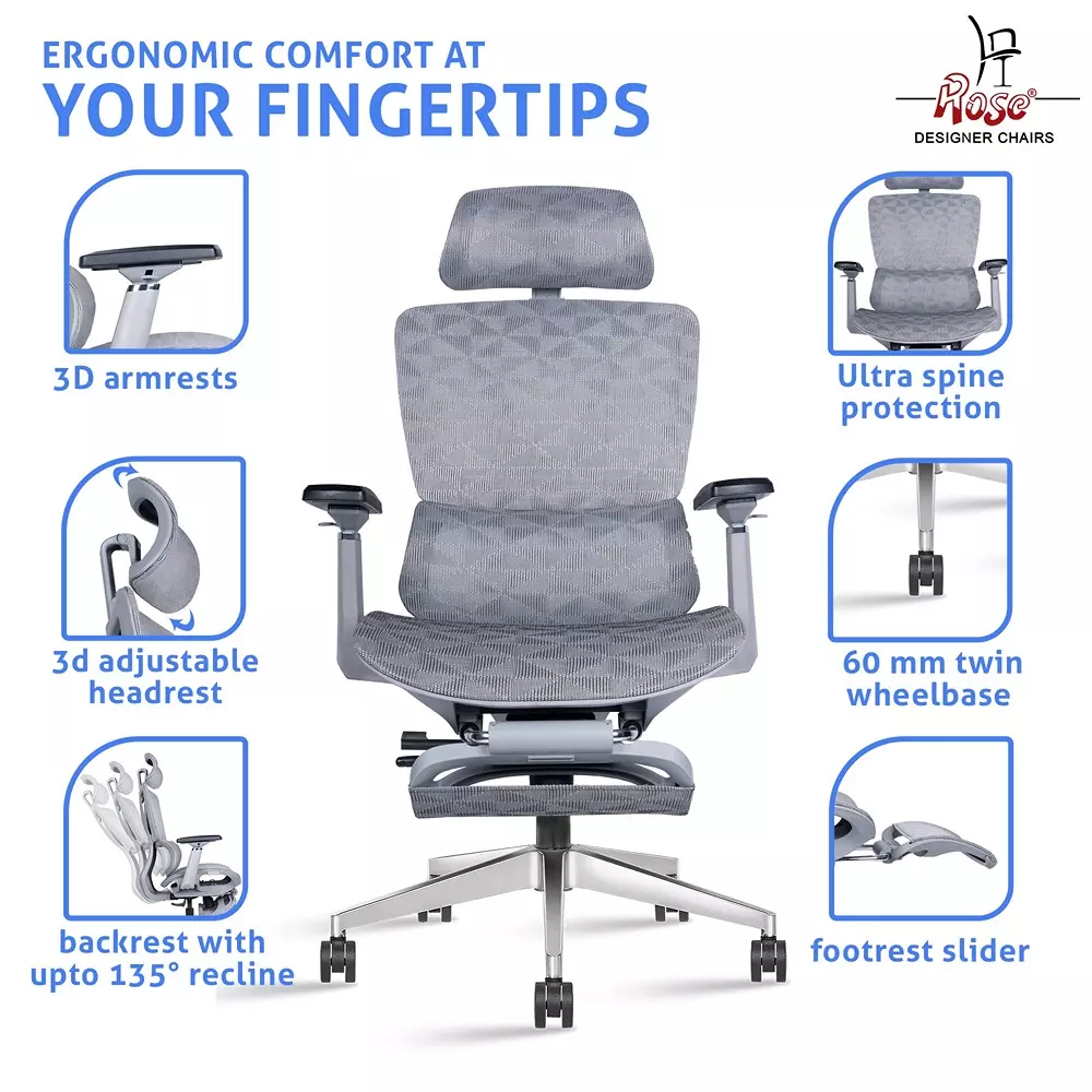 Rose  Ergonomic Office Chair With Footrest 120 Kg Weight Capacity Grey