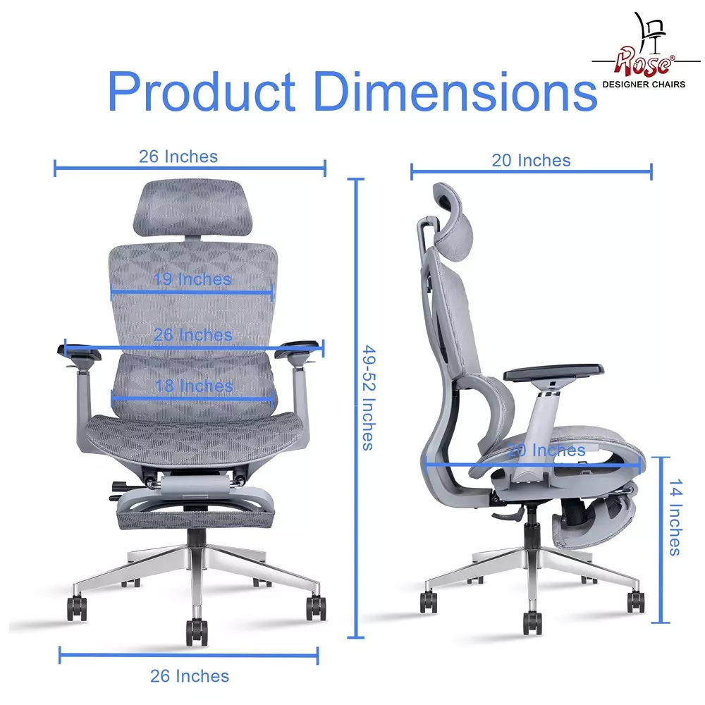 Rose  Ergonomic Office Chair With Footrest 120 Kg Weight Capacity Grey
