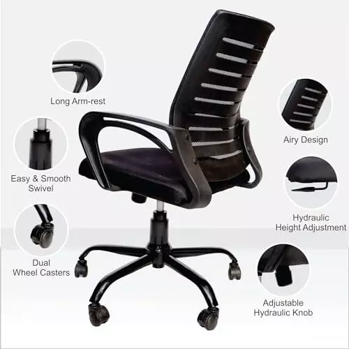 NEWTURN Boom Revolving Mid Back Arm Rest Office Chair Synthetic Fiber Black Chrome Finish for Office, Home & School Use