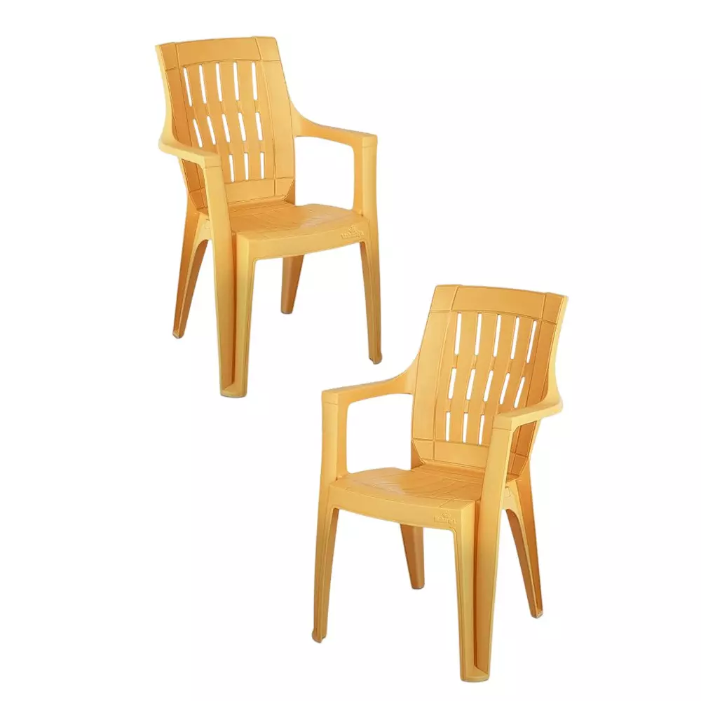 Maharaja Omega Heavy Duty Plastic Chairs Up to 200 Kg Weight Capacity with Arm Rest, Amber Gold (Pack of 2 Pcs)