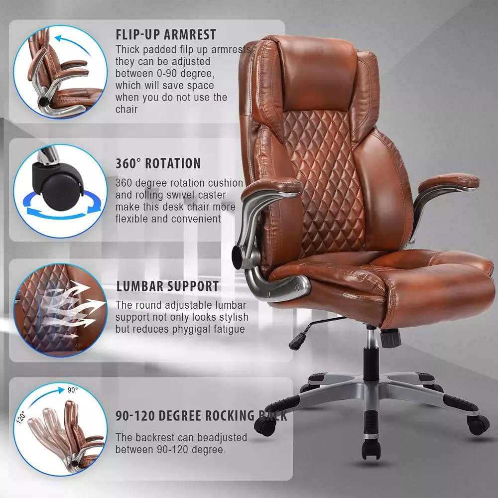 CHAIRTECH Arm Adjustable Office Chair Leatherette Brown for Office & Professional Use