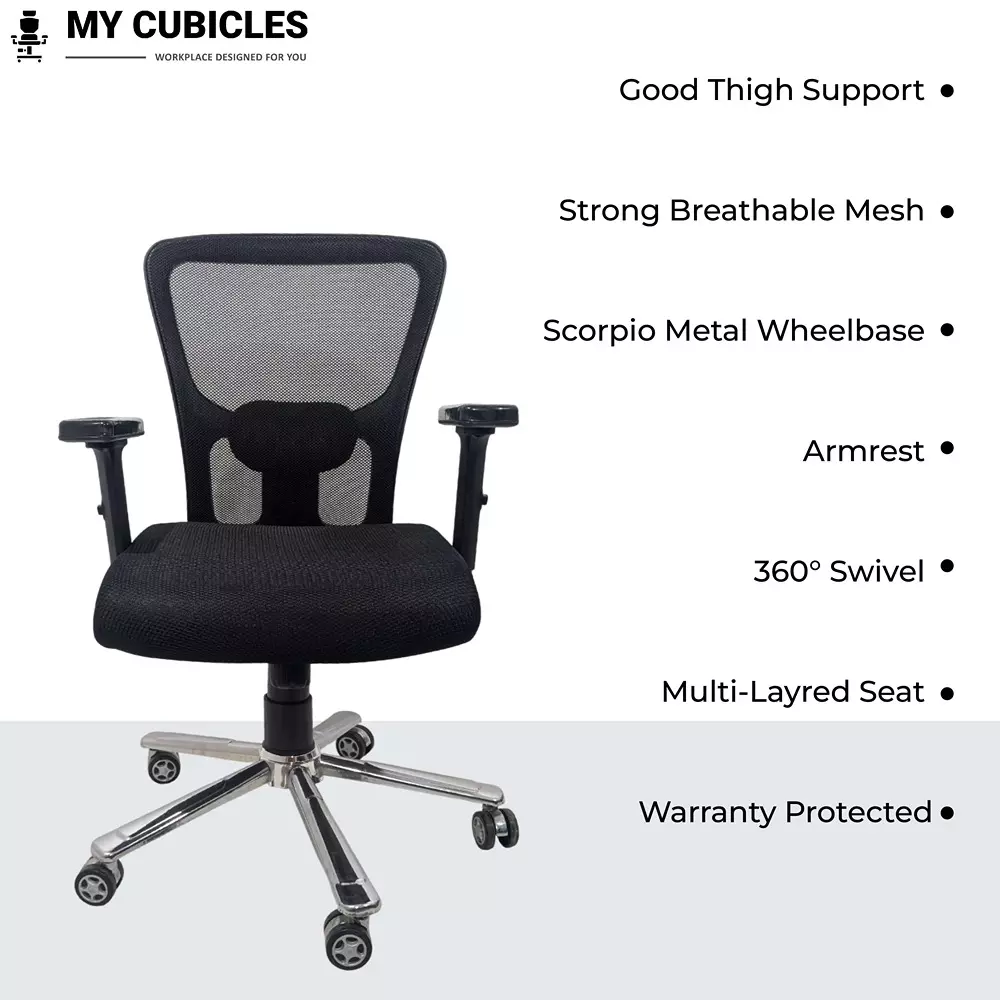 MY CUBICLES AeroFlex Office Chair Mid Back Polyurethane Foam Weight Capacity Upto 115 Kg Black, MC001