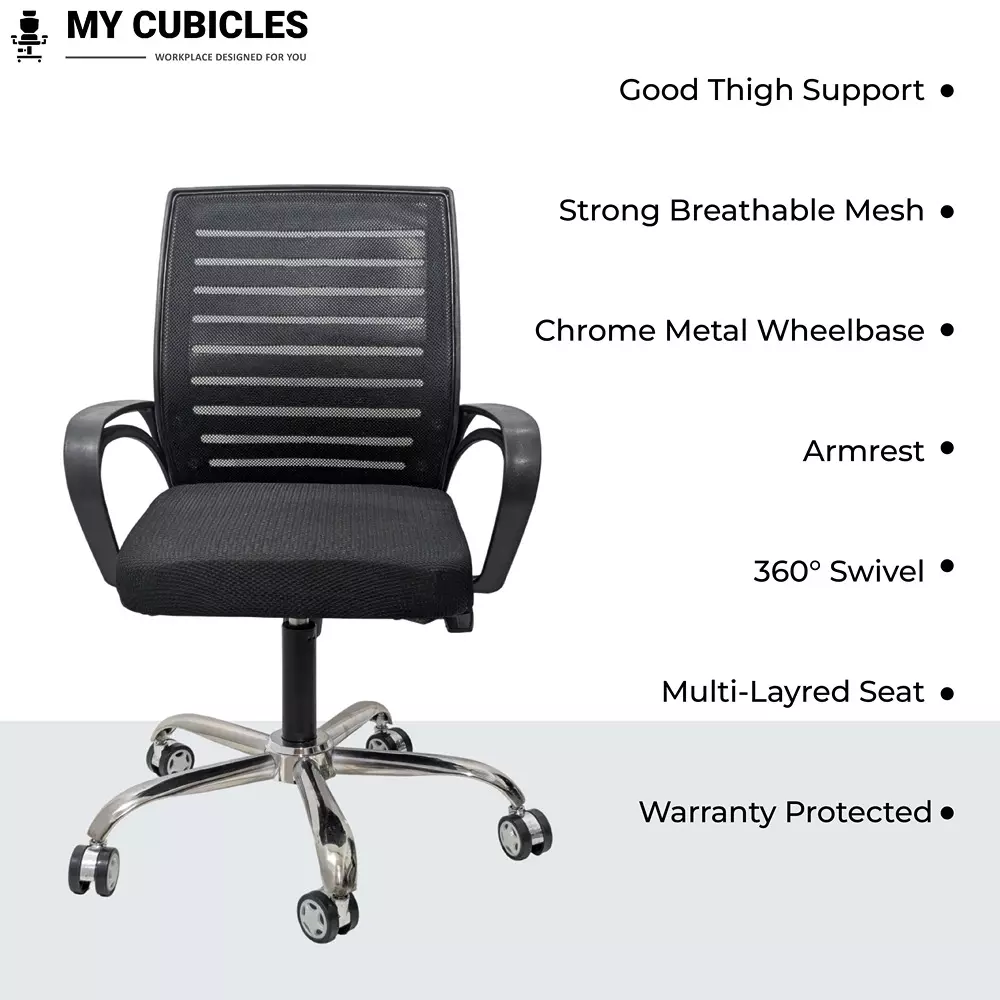 MY CUBICLES Polar Comfortable Office Chair Flow Mesh Mid Back With Fixed Arm Black, MC0012