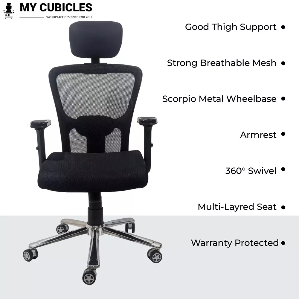 MY CUBICLES Majesty Ergonomic Chair High Back Polyurethane Foam Weight Capacity Upto 125 Kg Black, MC0059