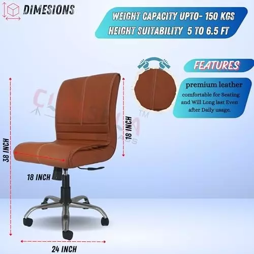 NEWTURN Maxson Revolving TILT Pushback Mid Back Armless Office Chair Premium Leather Tan Chrome Finish for Office, Home & School Use