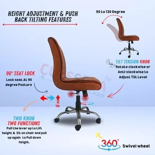 NEWTURN Maxson Revolving TILT Pushback Mid Back Armless Office Chair Premium Leather Tan Chrome Finish for Office, Home & School Use