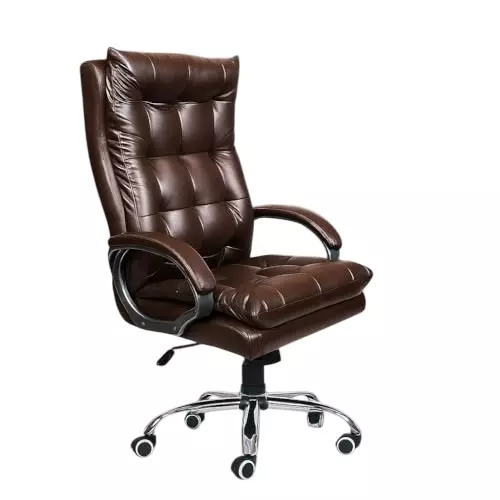 NEWTURN Boxer Revolving High Back Arm Rest Office Chair Premium Leatherette Brown Chrome Finish for Office, Home & School Use