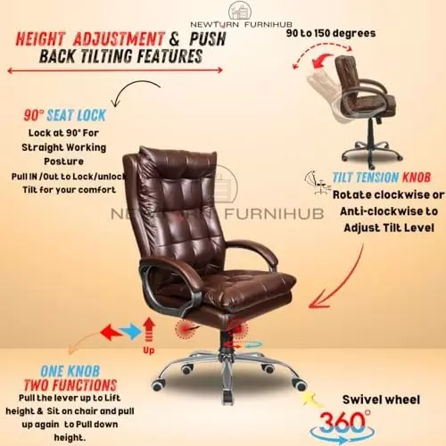 NEWTURN Boxer Revolving High Back Arm Rest Office Chair Premium Leatherette Brown Chrome Finish for Office, Home & School Use