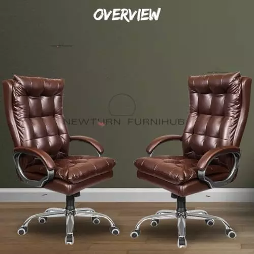 NEWTURN Boxer Revolving High Back Arm Rest Office Chair Premium Leatherette Brown Chrome Finish for Office, Home & School Use