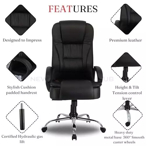 NEWTURN Dragon Revolving High Back Arm Rest Office Chair Premium Leatherette Black Chrome Finish for Office, Home & School Use