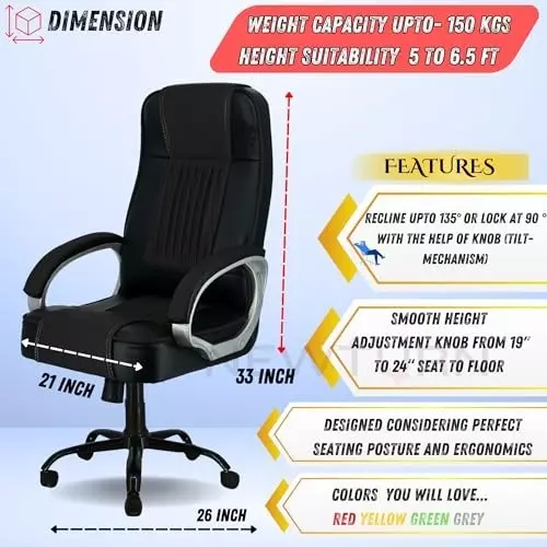 NEWTURN Paris Revolving High Back Arm Rest Office Chair Metal Base Premium Leatherette Black for Office, Home & School Use