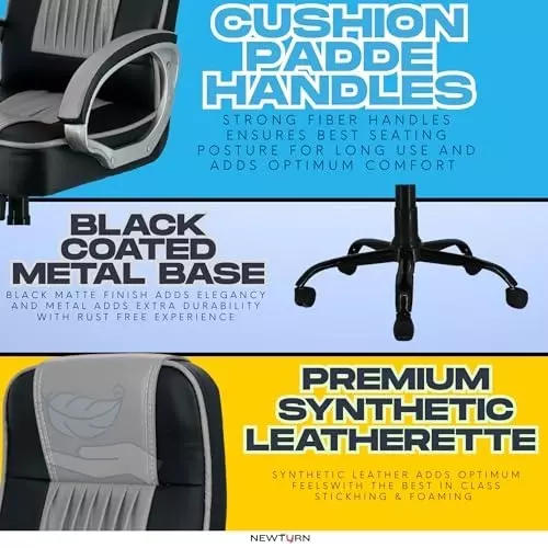 NEWTURN Paris Revolving High Back Arm Rest Office Chair Metal Base Premium Leatherette Black for Office, Home & School Use