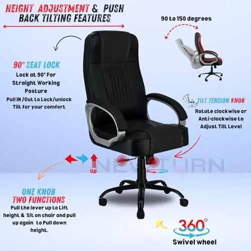 NEWTURN Paris Revolving High Back Arm Rest Office Chair Metal Base Premium Leatherette Black for Office, Home & School Use
