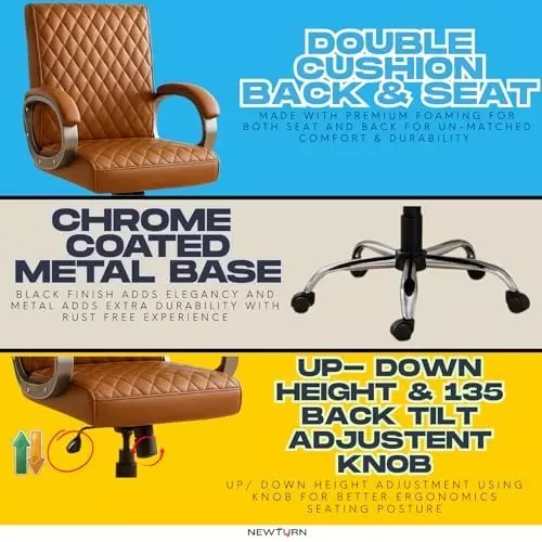 NEWTURN Beta Revolving Mid Back Arm Rest Office Chair 360° Swivel Metal Base Premium Leatherette Tan for Office, Home & School Use